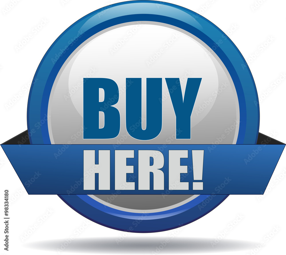 BUY HERE / realistic modern glossy 3D eps vector sign / icon in blue with a banderole