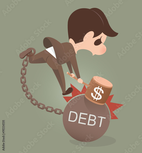 Businessman holding hammer hitting cracked DEBT ball