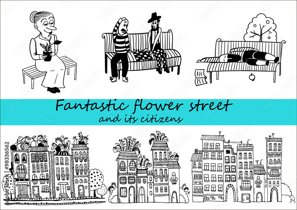 Fototapeta premium beautiful houses in the style of doodle and their inhabitants set of character comic vector illustration