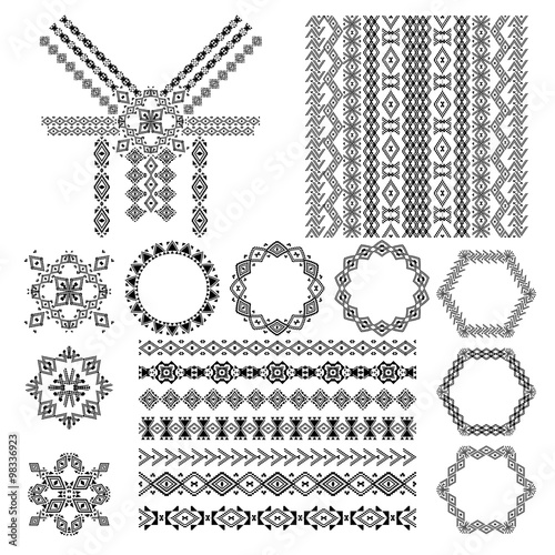 Vector set of decorative elements for design and fashion in ethnic tribal style. Neck design, patterns, seamless texture, frames and borders