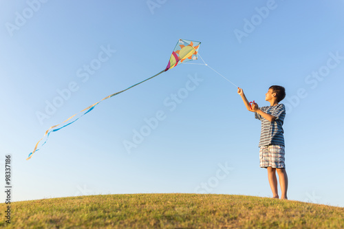 Cuadro en lienzo Running with kite on summer holiday vacation, perfect meadow and