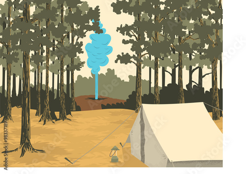 Vector-style illustration of a camp site at Yellowstone National Park with a geyser in the background. photo