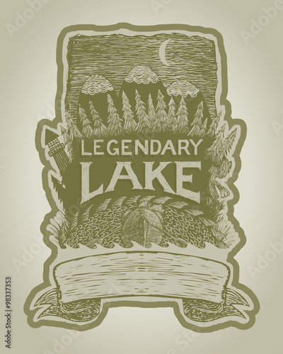 Woodcut style illustration of a rustic label about legendary creatures. This file is layered to allow easier editing.