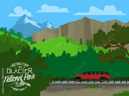 Obraz na plátně Vector illustration of Glacier National Park with a tour bus driving by and mountains in the background