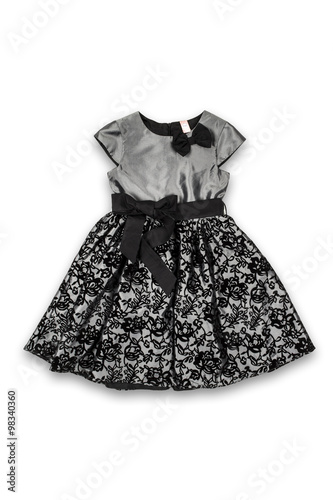 black baby dress with pattern and bow on a white background
