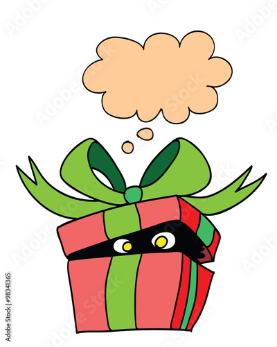 Surprise gift box - vector illustration of red present box with hidden creature inside it and with think bubble as frame for text. Retro cartoon surprise present box, cute and funny. Comic book art.
