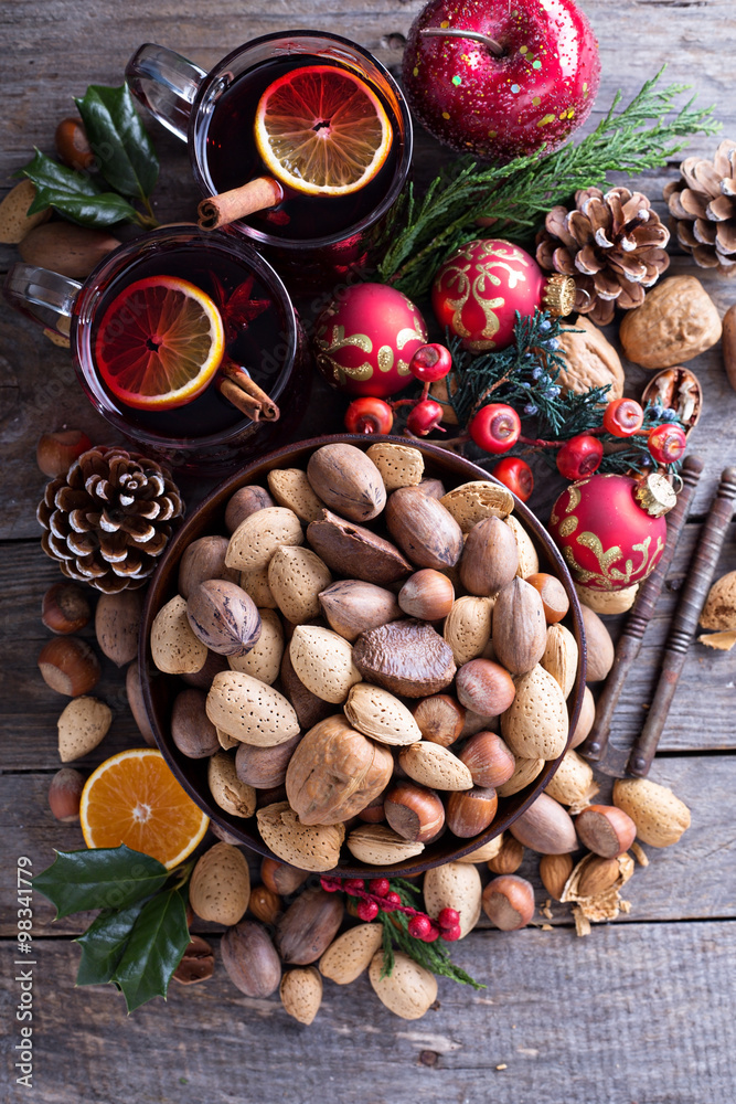 Variety of nuts with shells in a bowl