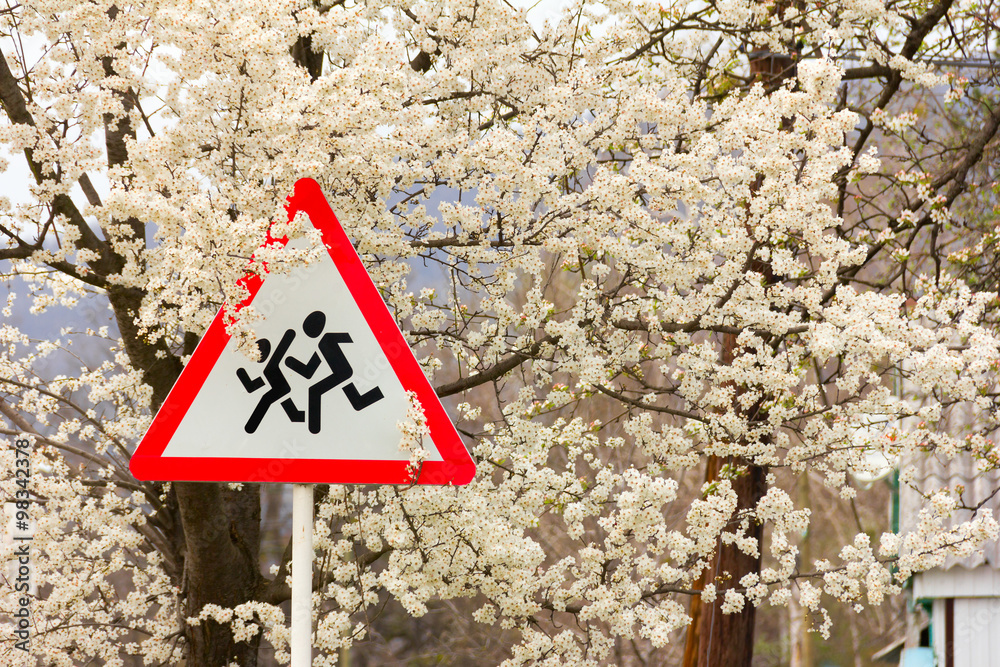 Warning road sign - Children, in the branches of a flowering fruit tree. The concept of child safety in road traffic. Selective focus Warning road sign - Children, in the branches of a flowering fruit tree. The concept of child safety in road traffic. Selective focus