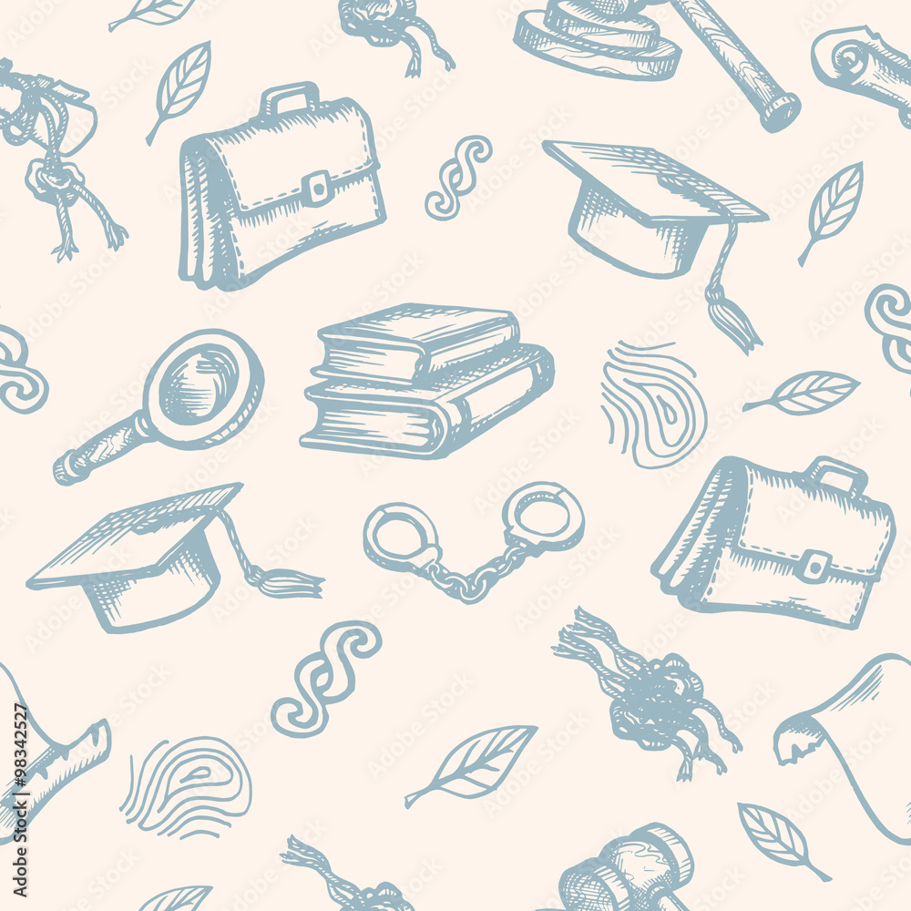 Naklejka premium Seamless background with elements of justice or law symbols. Sketch Vector illustration.
