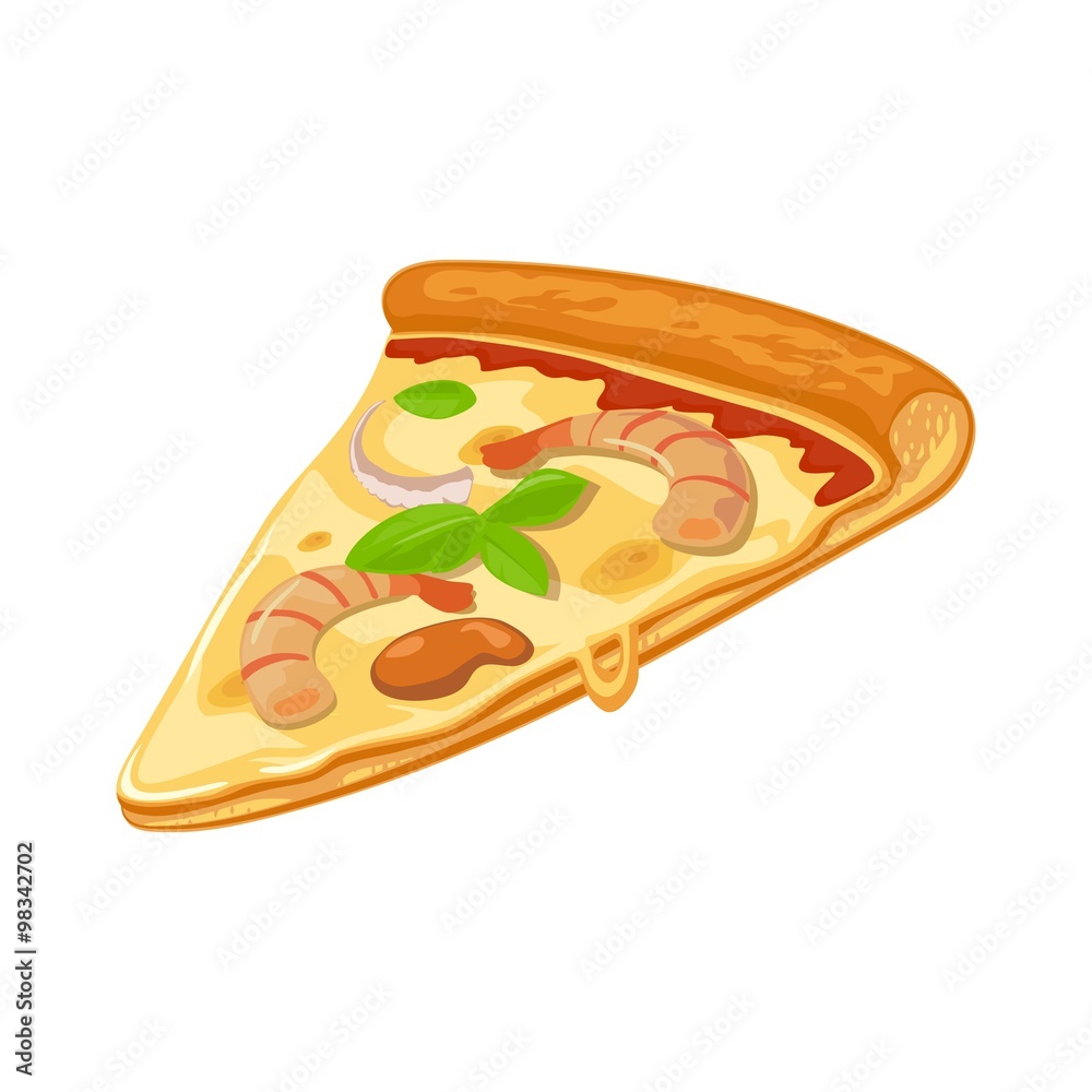 Slice of Seafood pizza. Isolated vector flat illustration for poster, menus, logotype, brochure, web and icon. White background. Slice of Seafood pizza. Isolated vector flat illustration for poster, menus, logotype, brochure, web and icon. White background.