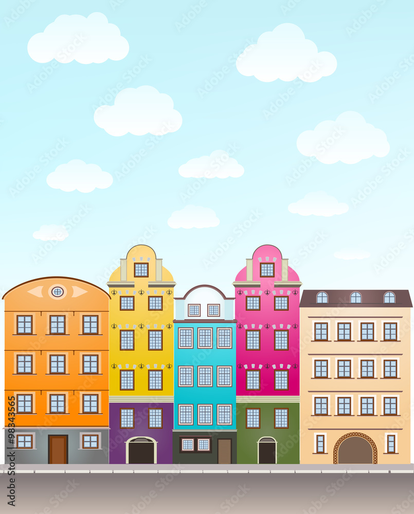 retro houses and sky with clouds. vector
