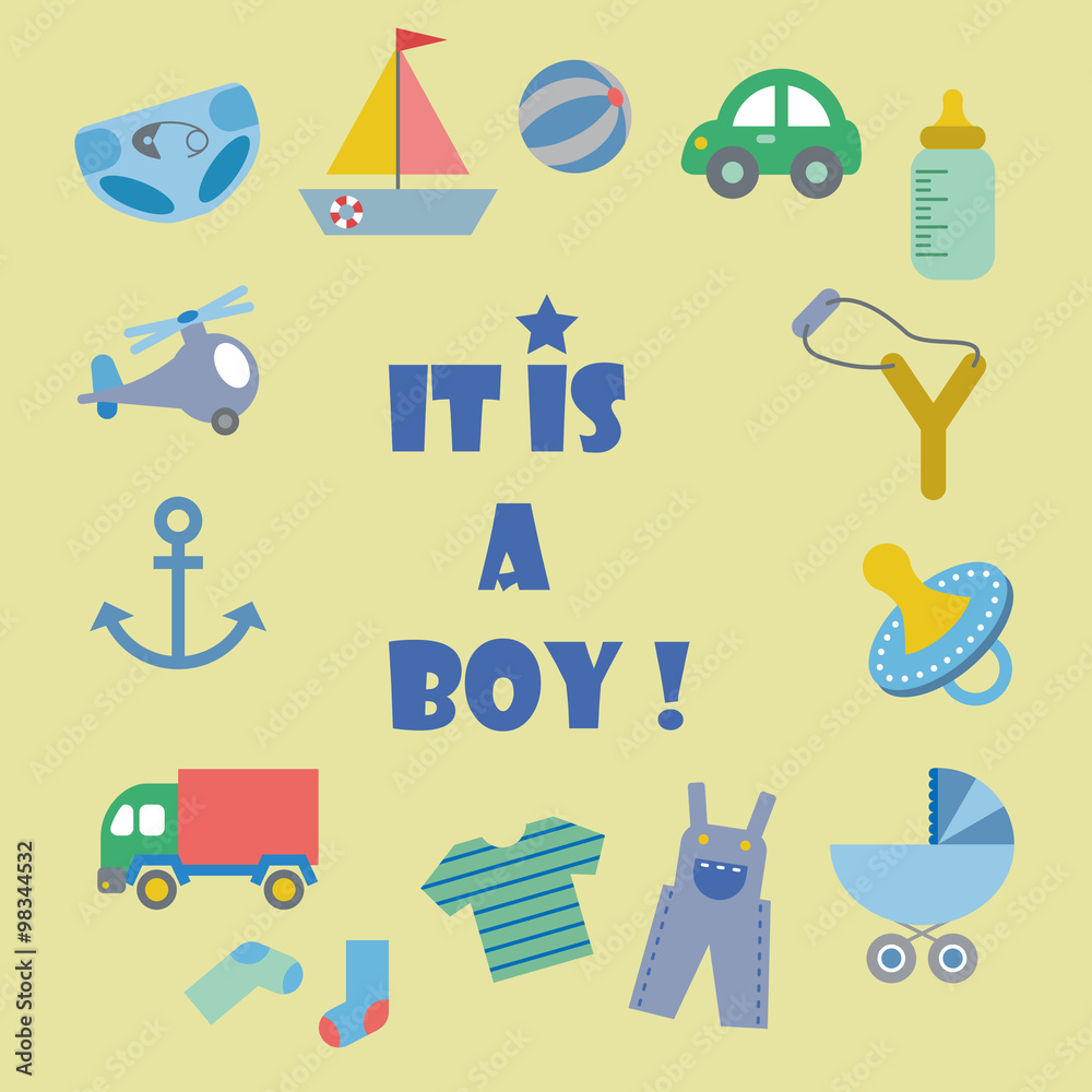 Baby shower invitation card template. It is a boy title. Cartoon design. Newborn baby announcement. Baby birth celebration. Vintage pastel. Rattle, sailfish, truck, ball, carriage, anchor, slingshot Baby shower invitation card template. It is a boy title. Cartoon design. Newborn baby announcement. Baby birth celebration. Vintage pastel. Rattle, sailfish, truck, ball, carriage, anchor, slingshot