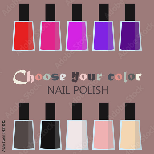 Group set of bright nail polish bottles. Women makeup accessory. Many nail polish bottles set in a circle. Various rainbow modern colors. Fingernail and pedicure palette. Vector design illustration.