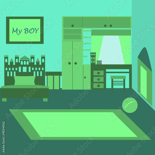 Child room for schoolboy kid. Baby bedroom with furniture. Nursery interior. Baby wordrobe, castle design bed, chest of drawers, writing desk. Green room design. Playroom. Editable vector illustration