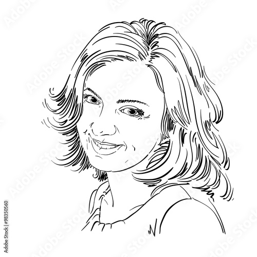 Vector drawing of smiling sincere woman with stylish haircut. Bl