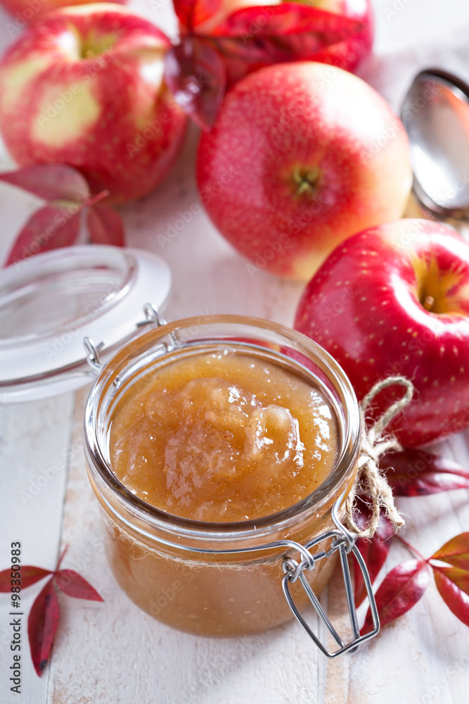 Homemade apple butter in glass jars