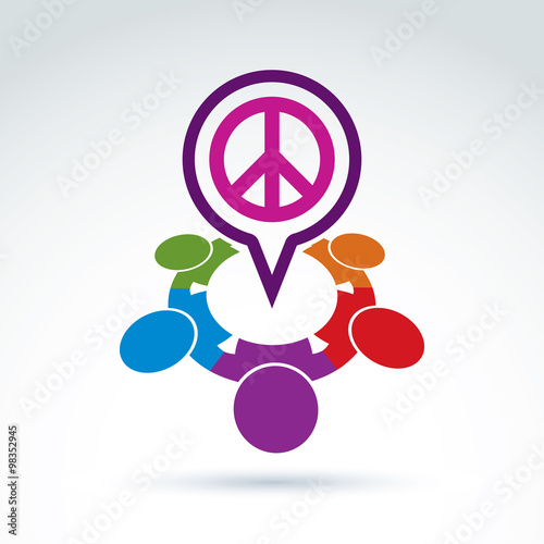 People chat on harmony idea.  Conceptual  antiwar sign from 60s