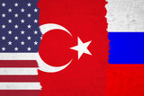 Textured USA, Turkey and Russia torn flag. Conceptual and symbolic illustration of the situation between USA, Turkey and Russia. 