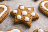 Christmas traditional gingerbread homemade cookies with white frosting