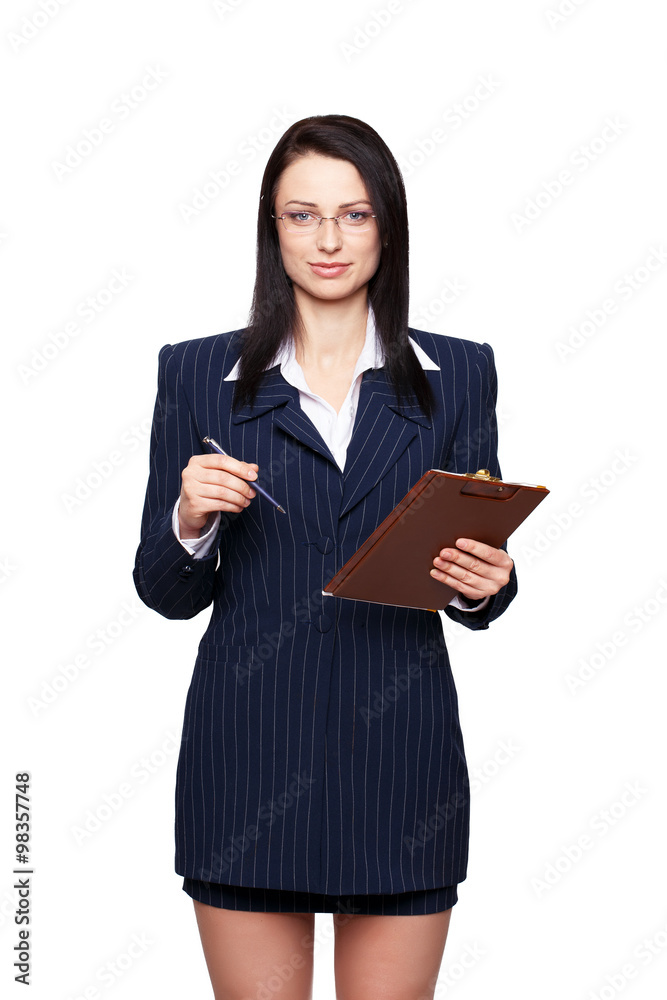 Brunette businesswoman with clipboard isolated Brunette businesswoman with clipboard isolated