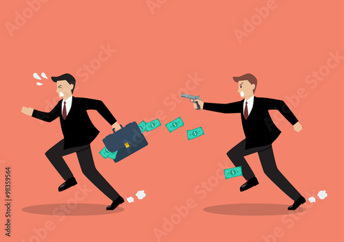 Businessman running away from a man holding gun