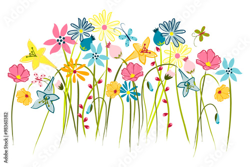 Wall art, nursery or children's room art. Kids decor. Wall sticker, wallpaper. Whimsical wildflower garden with butterflies. 