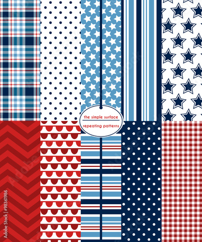 Red, white and blue seamless pattern set. Patriotic repeating patterns for fabric, gift wrap, backgrounds, scrapbooking and more. Plaid, polka dot, stars and stripes, chevron, and bunting prints. Navy