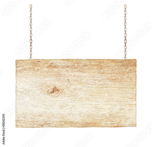 Wood sign from a chain isolated on white background.
