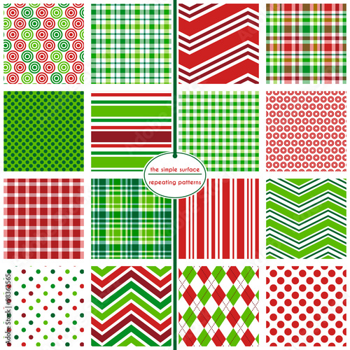 Set of 16 seamless Christmas patterns. Repeating holiday patterns for gift wrap, cards, invitations, announcements and more. Red and green abstract, plaid, chevron, stipe, polka dot and argyle prints.
