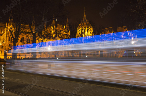 Light trails of Advent tram and Hungarian Parliament building, Budapest, Hungary