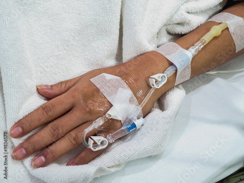 Patient's hand with saline intravenous (iv)
