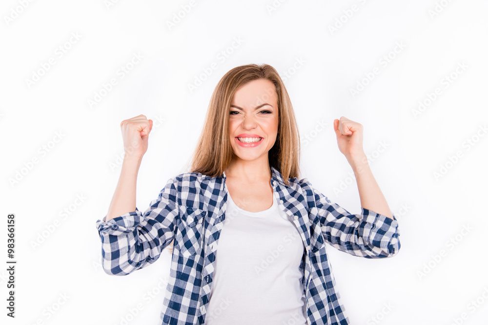 successful achieving the goal. Happy cute girl gesturing successful achieving the goal. Happy cute girl gesturing