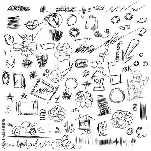 Pencil sketches.Hand drawn scribble shapes, santa claus, package