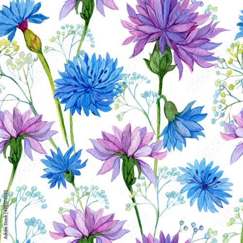 seamless pattern. watercolor blue flowers 