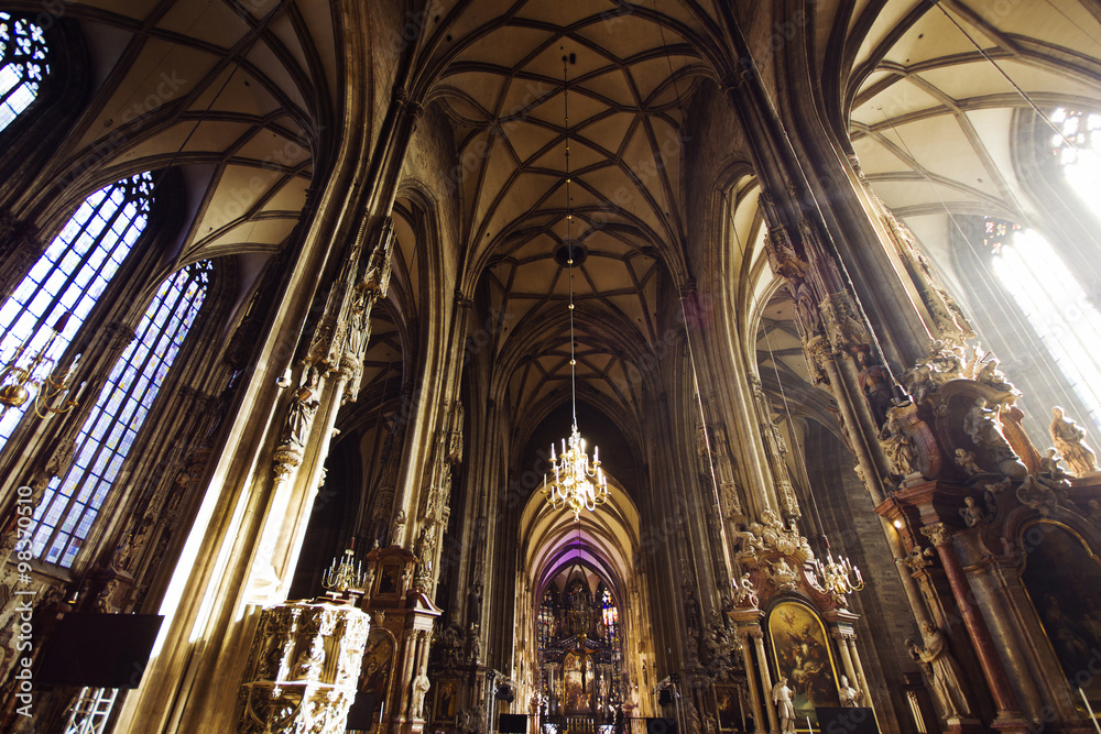 Vienna, Austria/October 24, 2015: Stephens cathedral interior. Wide Perspective photo of the Catholic Church.