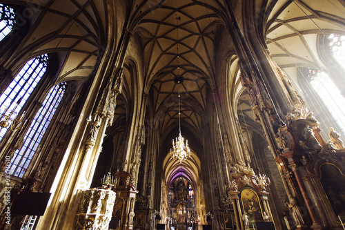 Vienna, Austria/October 24, 2015: Stephens cathedral interior. Wide Perspective photo of the Catholic Church.