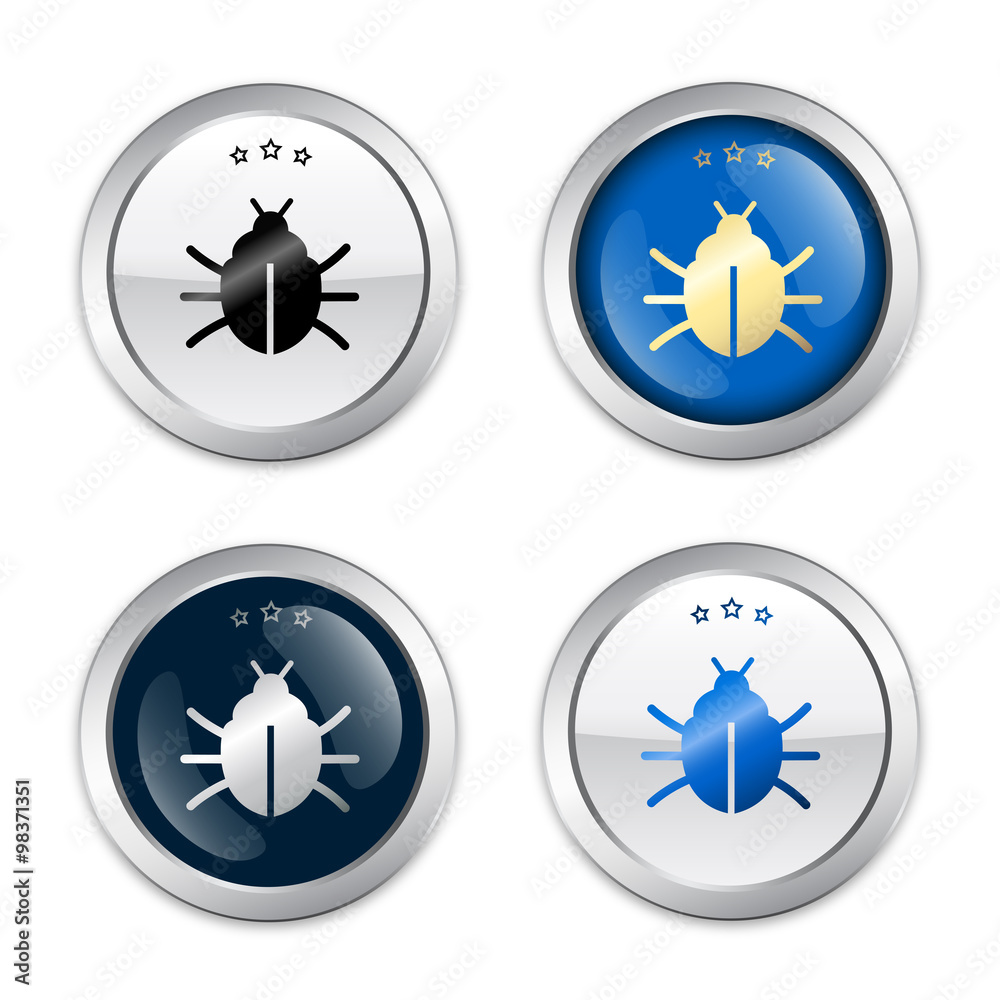 Warning seals or icons with bug symbol. Glossy silver seals or buttons. Warning seals or icons with bug symbol. Glossy silver seals or buttons.