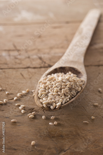 orzo perlato biologico su cucchiaio legno e fondo legno photo