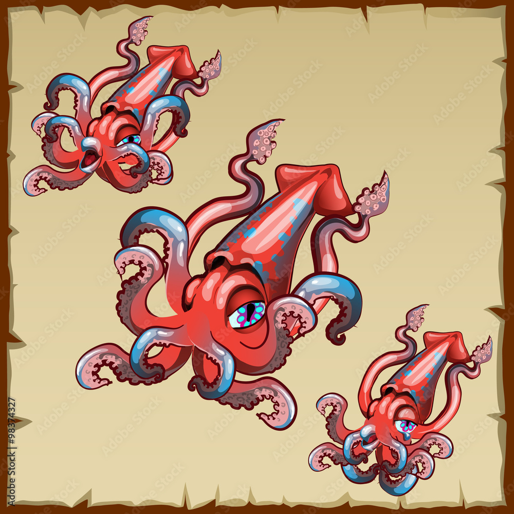 Set of three squids with different expression of emotions