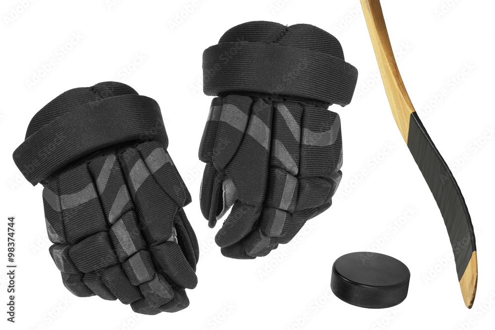 Naklejka premium Hockey gloves, stick and puck