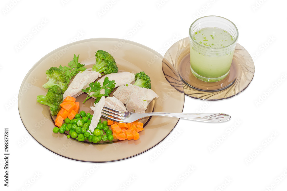 Dietary dish of boiled meat and vegetables and broth Dietary dish of boiled meat and vegetables and broth