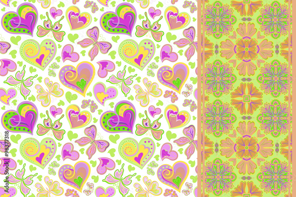 Vector pattern set with butterflies, hearts and seamless border ,ribbon strip band. Hand draw floral illustration. Valentines day