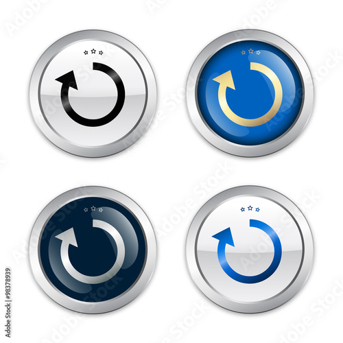 Loading seals or icons with arrow symbol. Glossy silver seals or buttons.