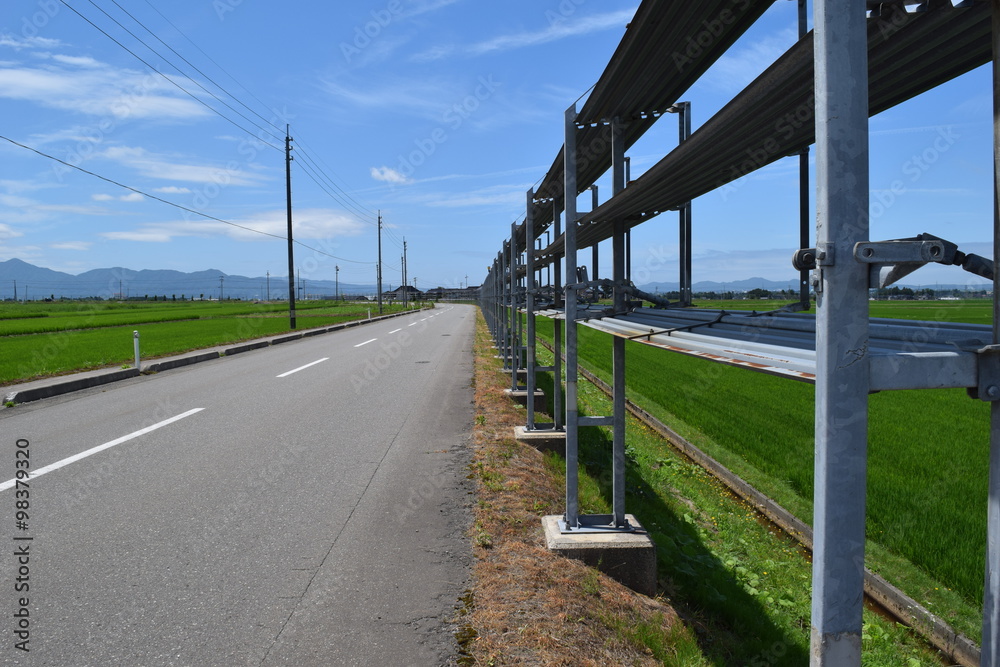 Fototapeta premium 防雪柵／雪国の山形県で、防雪柵が設置された風景を撮影した写真です。夏場は防雪柵を畳んであり、見通しを妨げないようになってます。吹雪対策の為、本格的な降雪時期になると機能するように設置されます。冬場の猛吹雪の時は防雪柵がなければ、道路が瞬時に吹き溜まりで通行不能になるので非常に重要なものです。