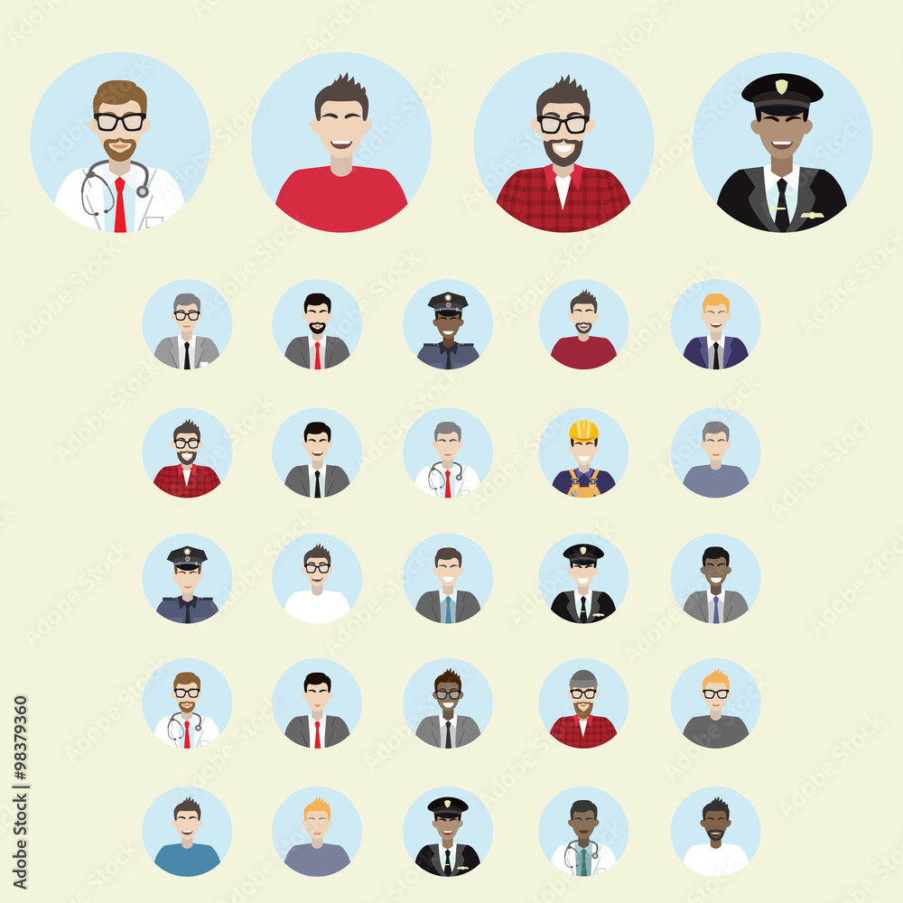 Set of vector man professionals portraits. Pilot, doctor, police man, business man, builder, office worker. Set of vector man professionals portraits. Pilot, doctor, police man, business man, builder, office worker.