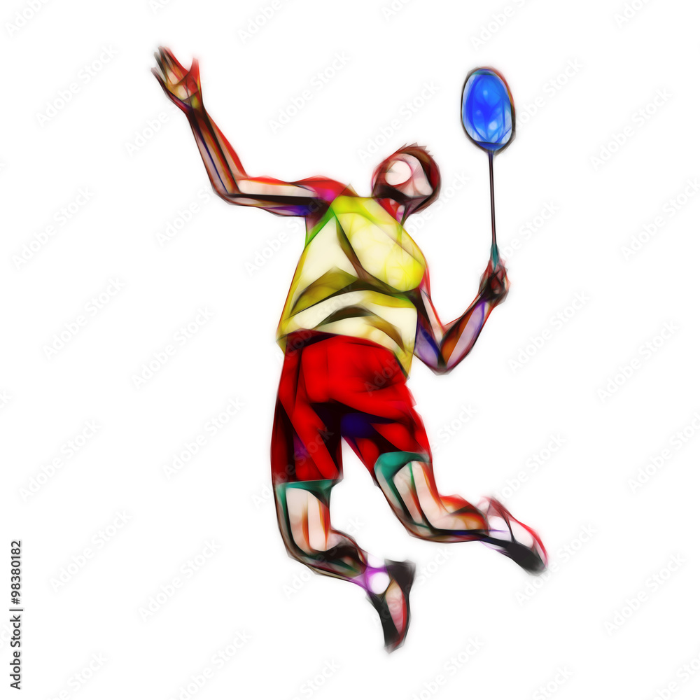 Polygonal professional badminton player isolated on white