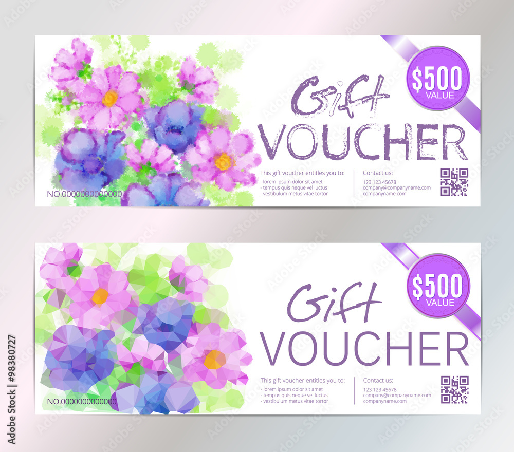 Gift voucher vector set beauty watercolor silver background. VIP backdrop pink flowers, for restaurant,  saloon, gallery, spa