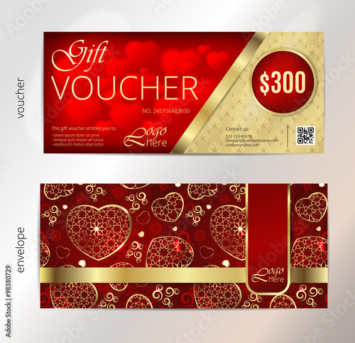 Valentines day gift voucher or coupon with presents and hearts on red background. Eps10 vector illustration