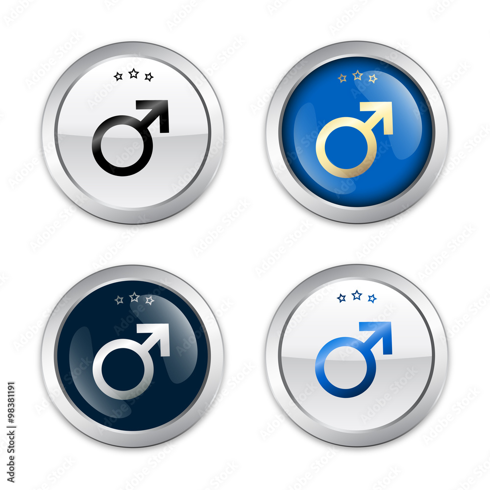 Man seals or icons with male symbol. Glossy silver seals or buttons. Man seals or icons with male symbol. Glossy silver seals or buttons.