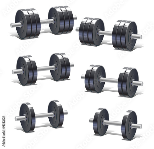 Set of different weight dumbbells for fitness and weight training